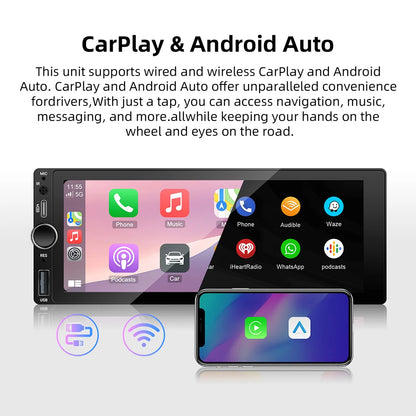 1DIN 6.86 pouces universel MP5 autoradio Support sans fil Carplay Android AUTO AUX USB BT écran tactile lecteur vidéo multimédia
