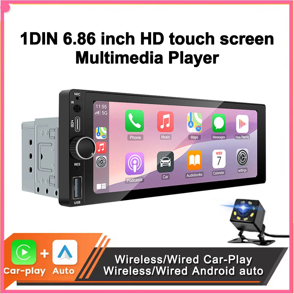 1DIN 6.86 pouces universel MP5 autoradio Support sans fil Carplay Android AUTO AUX USB BT écran tactile lecteur vidéo multimédia