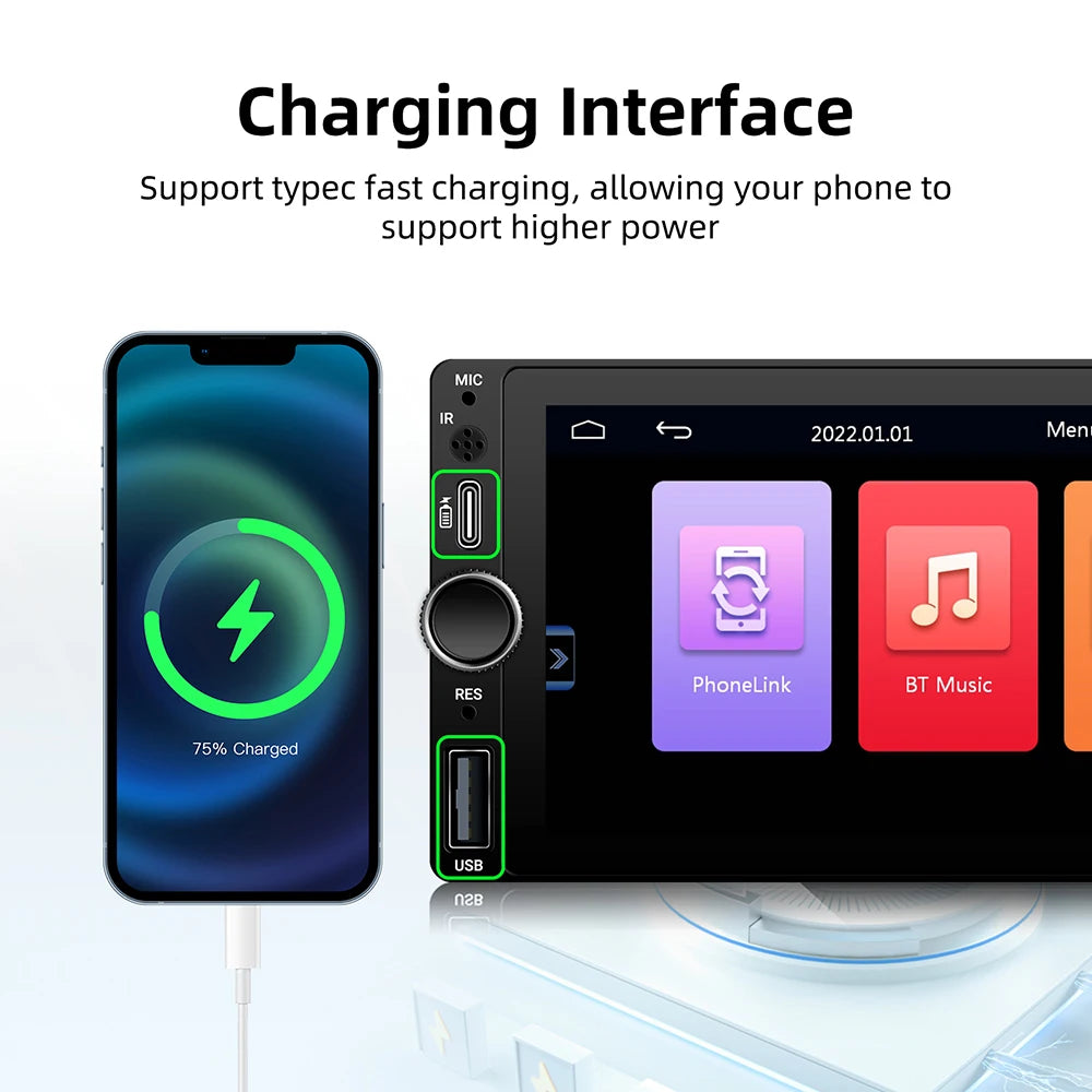 1DIN 6.86 pouces universel MP5 autoradio Support sans fil Carplay Android AUTO AUX USB BT écran tactile lecteur vidéo multimédia